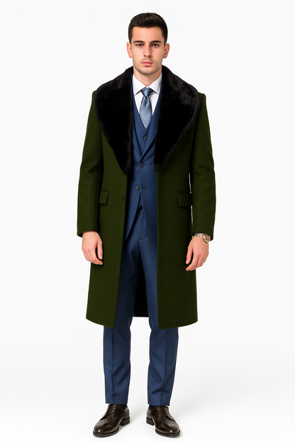 Overcoat ~ Long men's Dress Topcoat - Winter coat With Fur Collar Dark Olive And Wool Fabric