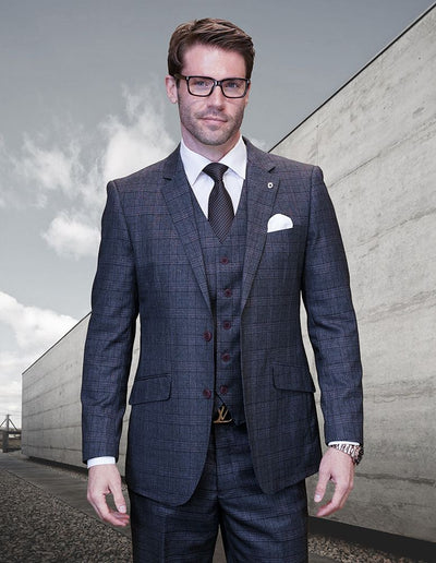 Men's 3-Piece 100% Wool Plaid Suit Modern Fit Fashionable 3 PAGNOLI  - from alligatorwarehouse.com