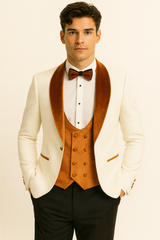Marco Lorenzo Premium Paisley Burnt Orange Velvet 4pc Suit W/ Matching Bowtie