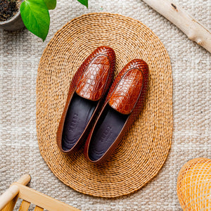 Zelli Palio Crocodile and Calfskin Basketweave Loafer in Cognac