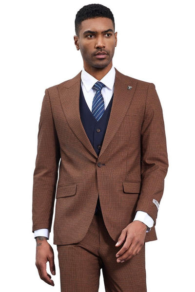 Men's Stacy Adams One Button Peak Lapel Vested Micro Check in Cognac Brown with a Navy Vest 1 SM183H1-04-38R  - from alligatorwarehouse.com