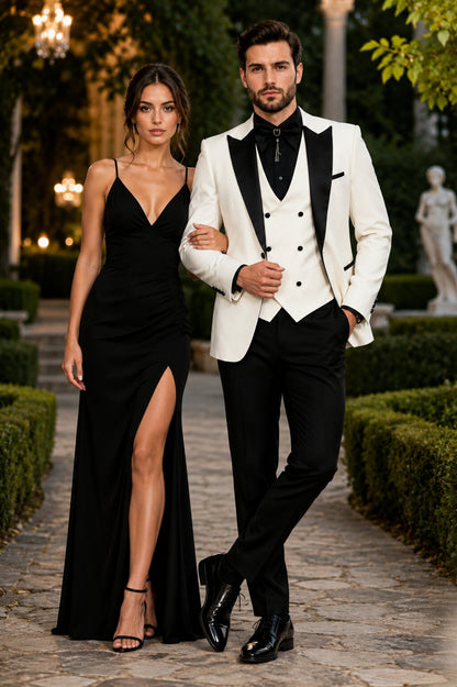 Giovanni Testi Suits With Double Breasted Vest - 3 Pieces Ivory and Black Peak Lapel Suit