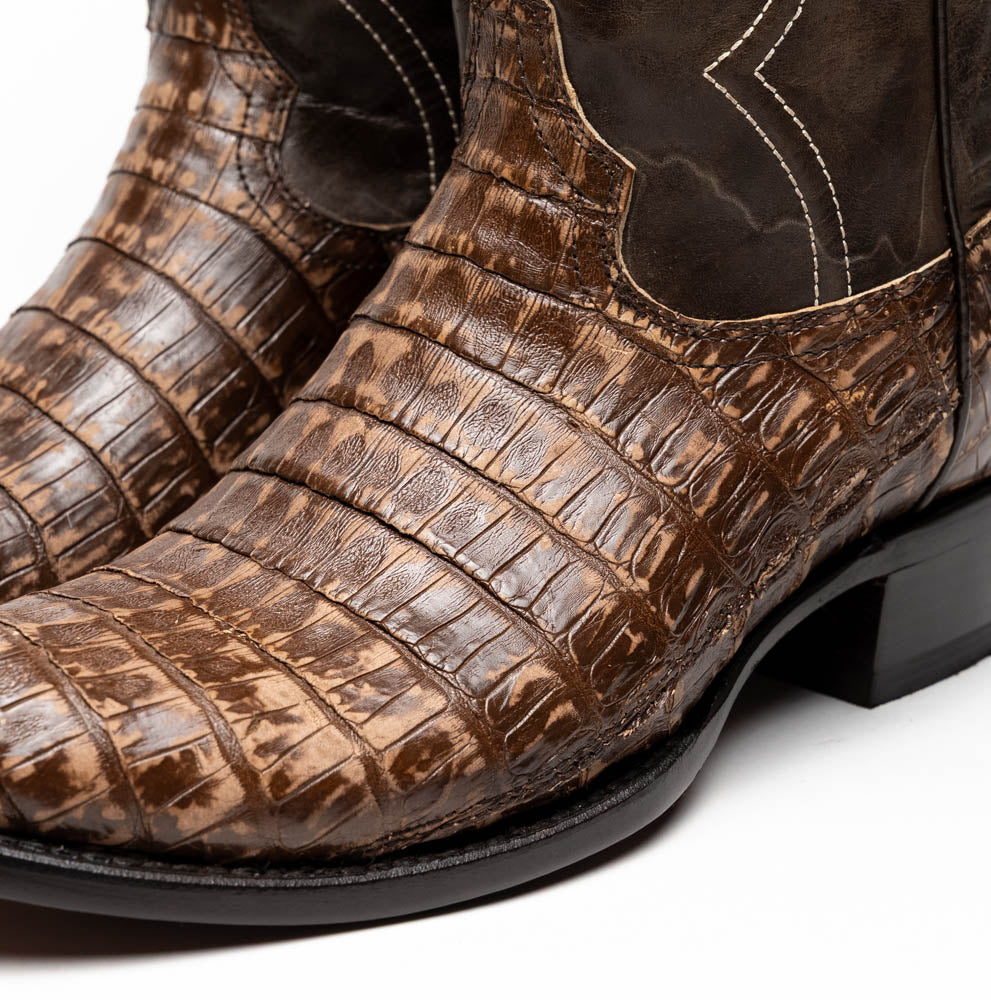 Marco Di Milano Phoenix Stone Brown Caiman Crocodile Round Toe Cowboy Boots