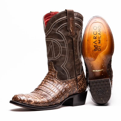 Marco Di Milano Phoenix Stone Brown Caiman Crocodile Round Toe Cowboy Boots 1   - from alligatorwarehouse.com