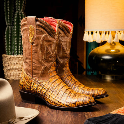 Marco Di Milano Phoenix Mustard Brown Caiman Crocodile Round Toe Cowboy Boots 5   - from alligatorwarehouse.com