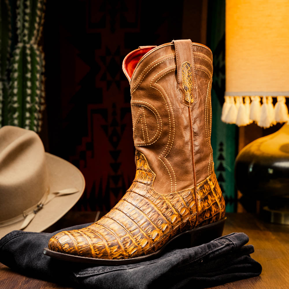 Marco Di Milano Phoenix Mustard Brown Caiman Crocodile Round Toe Cowboy Boots