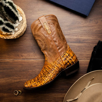 Marco Di Milano Phoenix Mustard Brown Caiman Crocodile Round Toe Cowboy Boots 8   - from alligatorwarehouse.com