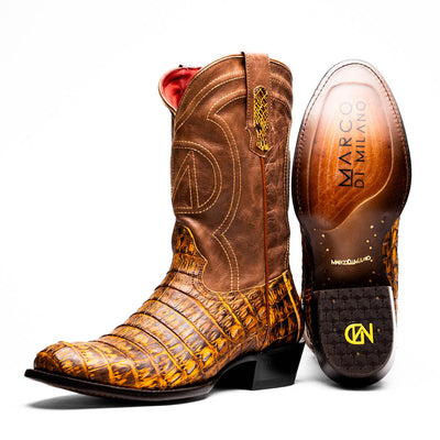 Marco Di Milano Phoenix Mustard Brown Caiman Crocodile Round Toe Cowboy Boots 1   - from alligatorwarehouse.com