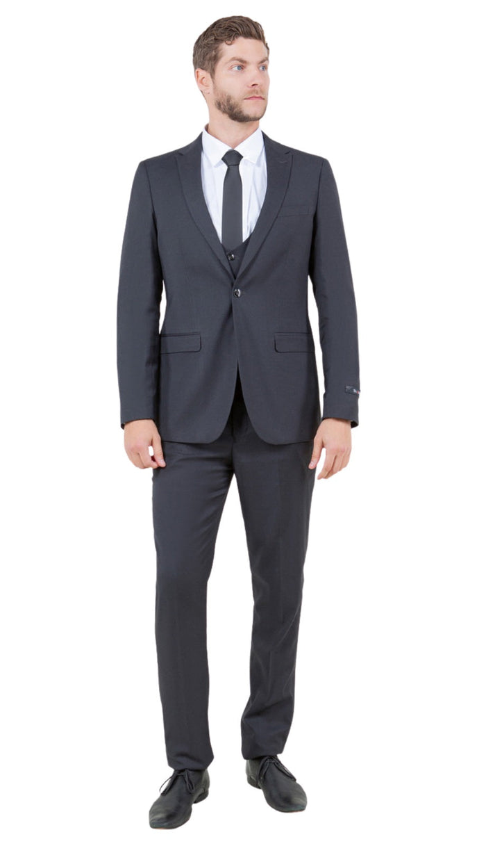 Stretch Fabric 4 Way Slim Fitted Mens Suit in Color Grey Peak Lapel One Button Vested 3 Piece