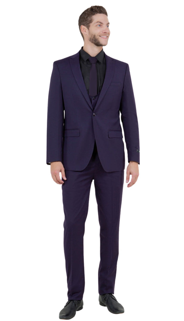 Stretch Fabric 4 Way Slim Fitted Mens Suit in Color Purple Peak Lapel One Button Vested 3 Piece