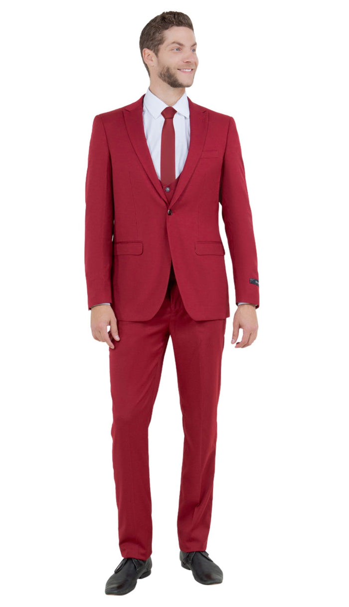 Stretch Fabric 4 Way Slim Fitted Mens Suit in Color Cherry Red Peak Lapel One Button Vested 3 Piece