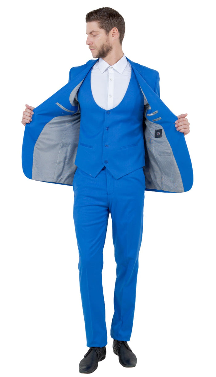 Stretch Fabric 4 Way Slim Fitted Mens Suit in Color Blue Peak Lapel One Button Vested 3 Piece
