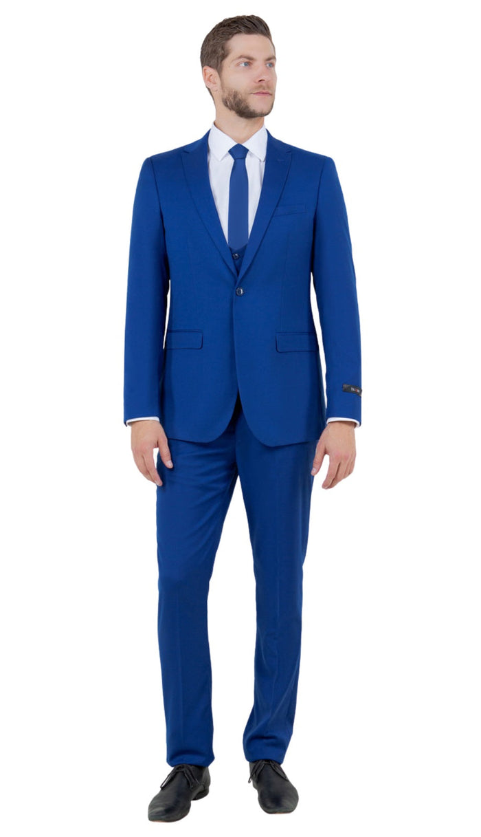 Stretch Fabric 4 Way Slim Fitted Mens Suit in Color Indigo Peak Lapel One Button Vested 3 Piece