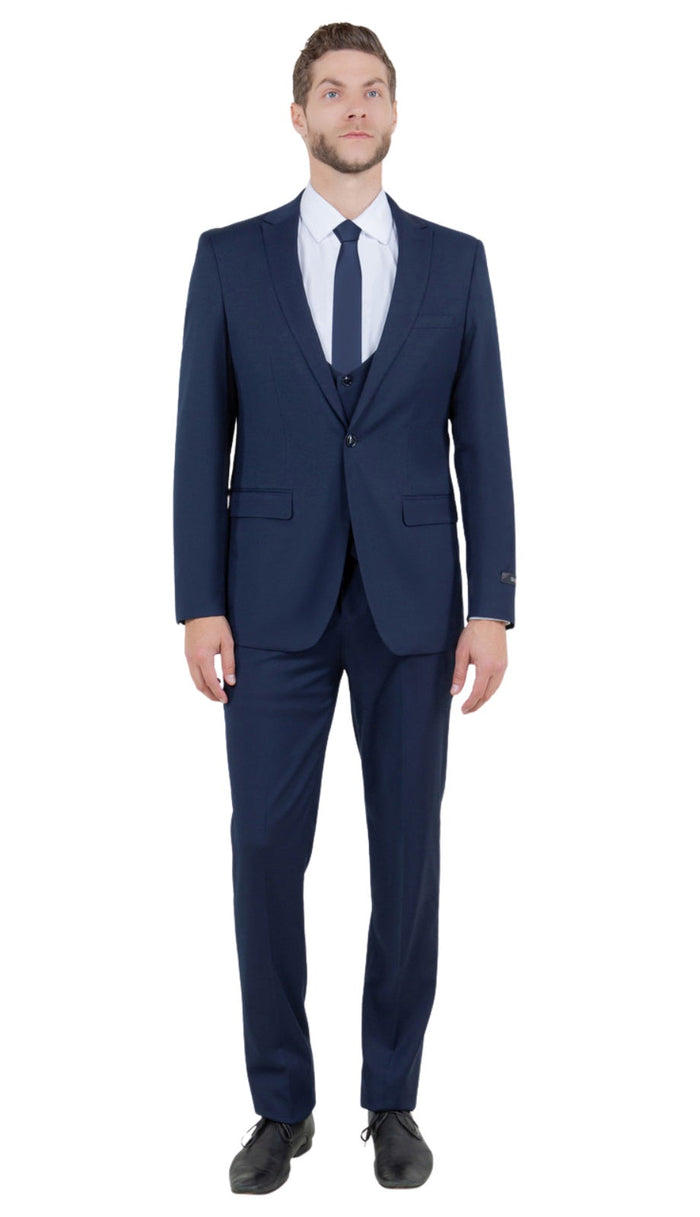 Stretch Fabric 4 Way Slim Fitted Mens Suit in Color Navy Blue Peak Lapel One Button Vested 3 Piece
