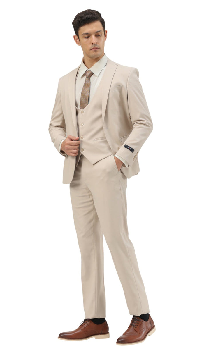 Stretch Fabric 4 Way Slim Fitted Mens Suit in Color Tan Peak Lapel One Button Vested 3 Piece