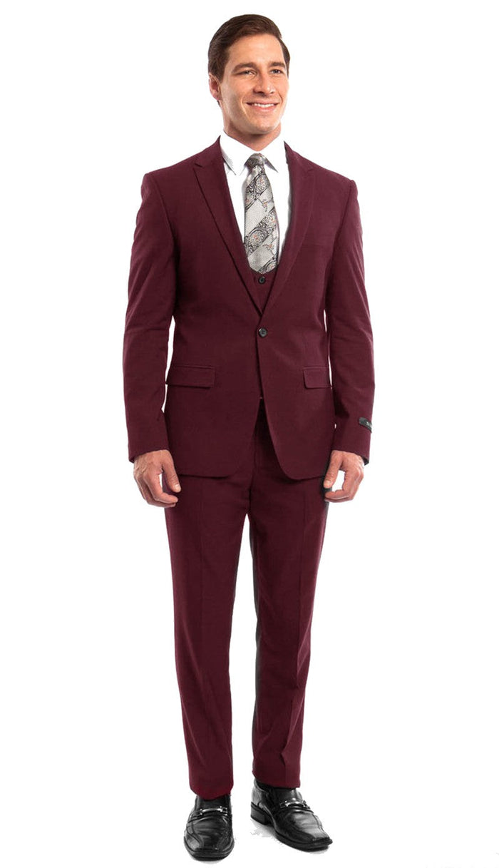 Stretch Fabric 4 Way Slim Fitted Mens Suit in Color Burgundy Peak Lapel One Button Vested 3 Piece