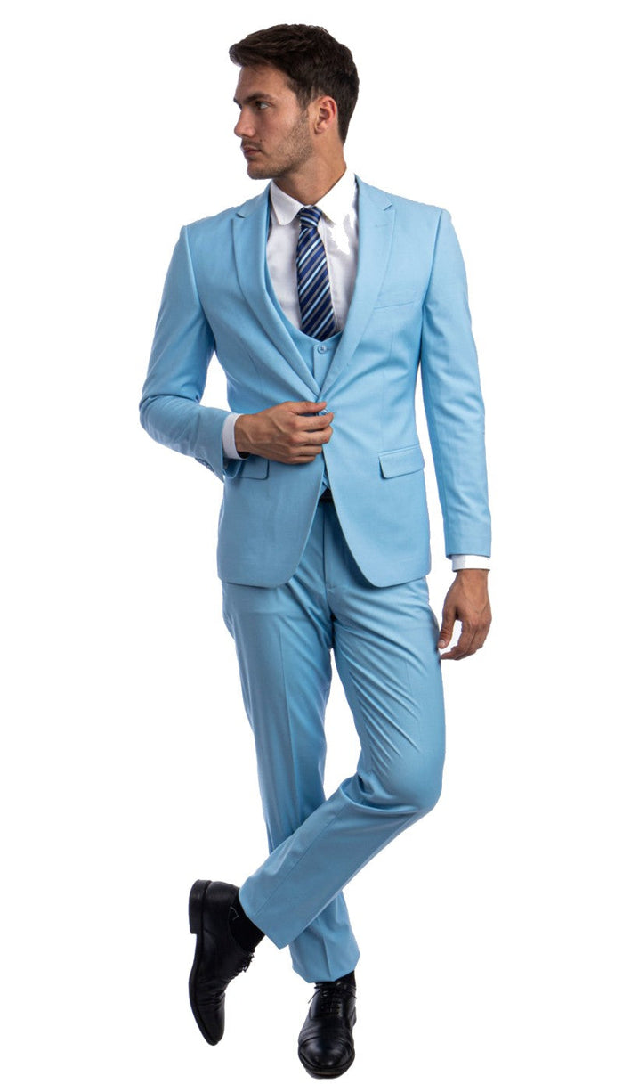 Stretch Fabric 4 Way Slim Fitted Mens Suit in Color Sky Blue Peak Lapel One Button Vested 3 Piece