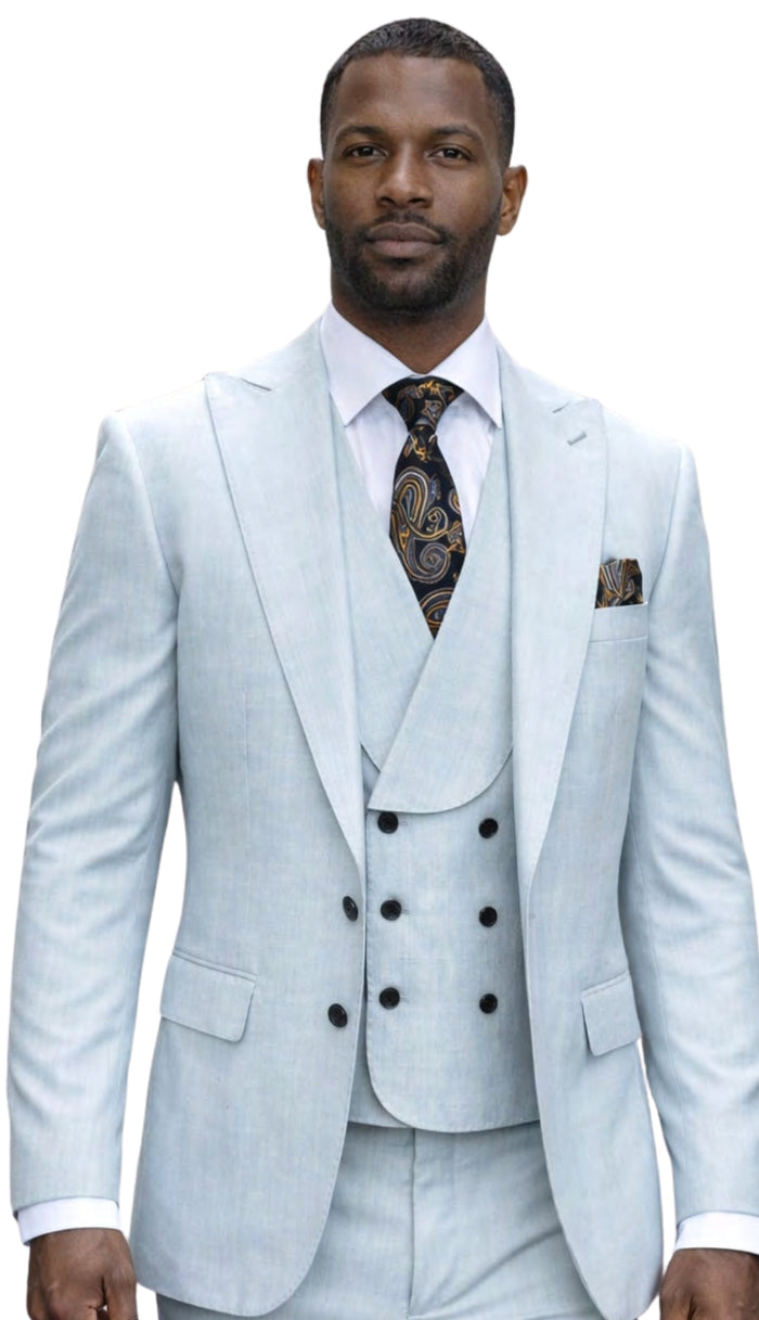 Mens Wool Suit - Ticket Pocket Big Lapel Single button Double breasted Vest By Statement in Color Aqua