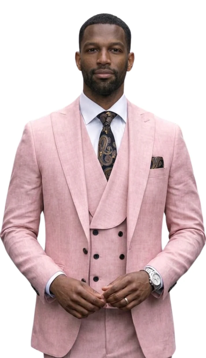 Mens Wool Suit - Ticket Pocket Big Lapel Single button Double breasted Vest By Statement in Color Mauve
