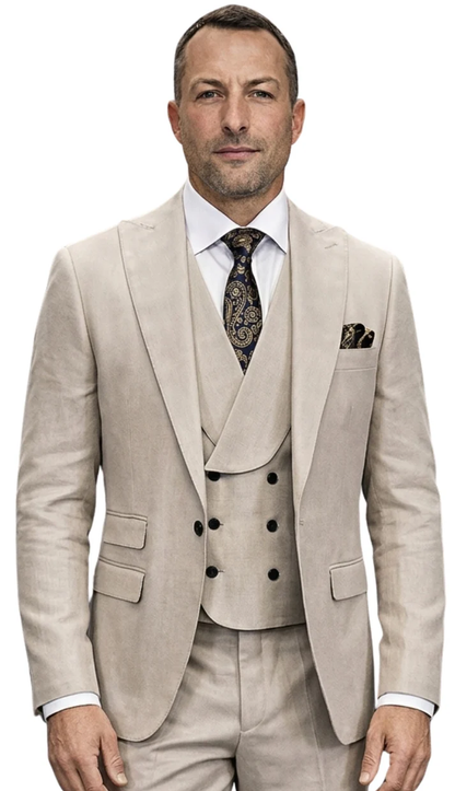 Statement Men’s Tan Wool Suit with Double Breasted Vest, Single Button Big Lapel Formal Dress Suit