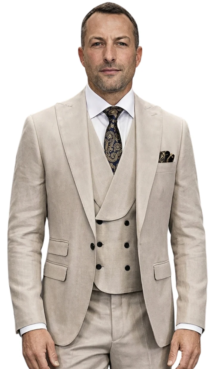 Statement Men’s Tan Wool Suit with Double Breasted Vest, Single Button Big Lapel Formal Dress Suit