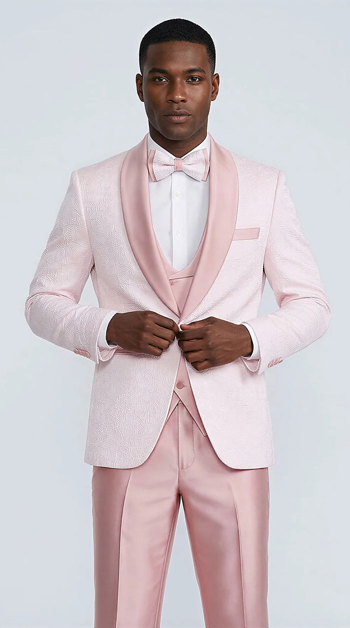 Pink Patterned Tuxedo Set with Shawl Lapel – Wedding & Prom