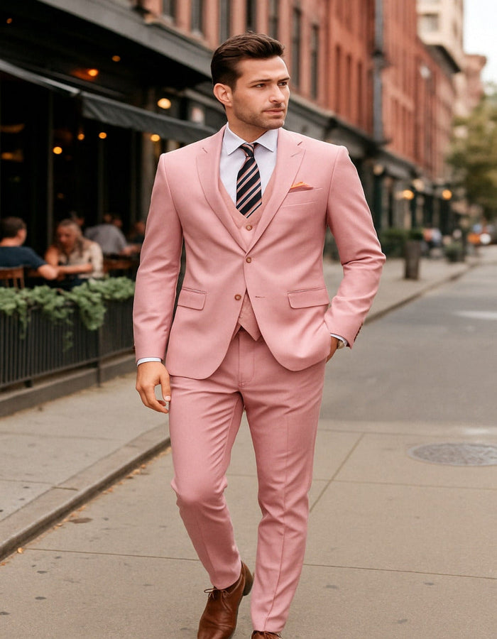 Menƒ??s Pink 3-Piece Slim Fit Suit ƒ?? Formal Wedding and Prom Outfit with Vest