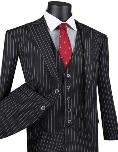 Men’s Black Bold Pinstripe 1920s Suit, Vintage 3 Piece Gangster Suit, Big and Tall Prom Outfit