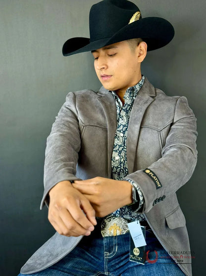 Mens Ash Gray Gamuza Suede Western Rancher Blazer with Pointed Yoke – BLZ9445
