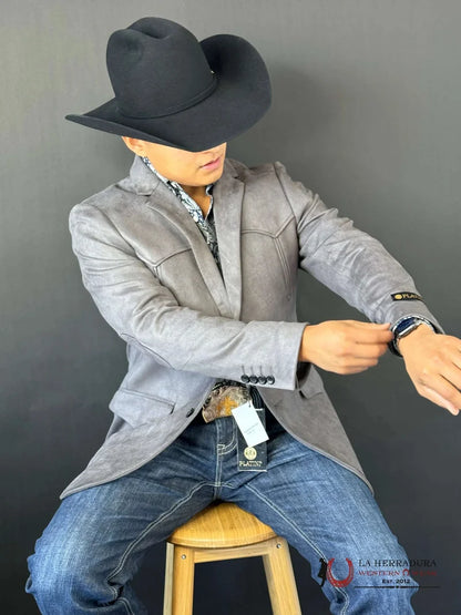 Mens Ash Gray Gamuza Suede Western Rancher Blazer with Pointed Yoke – BLZ9445