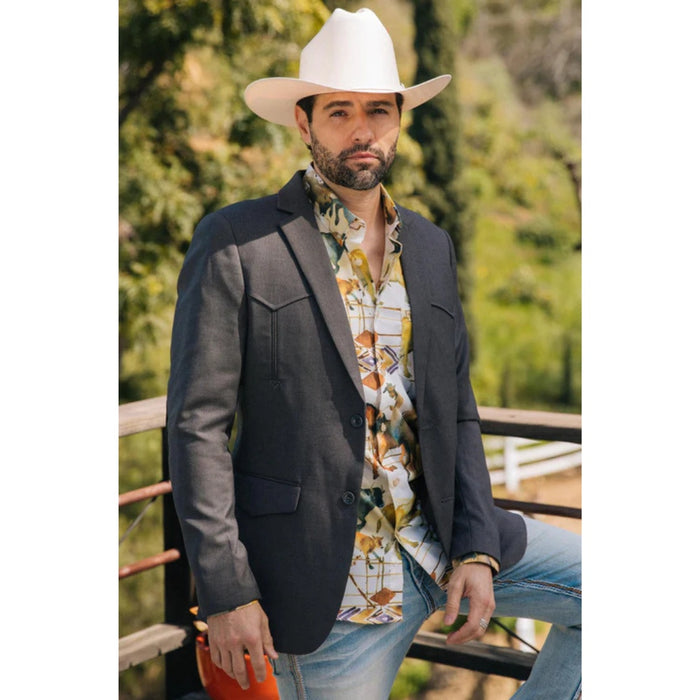 Platini Men’s Western Style Sport Coat with Elbow Patches – Charcoal Black