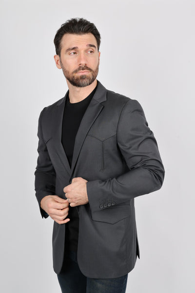 Platini Men’s Western Style Sport Coat with Elbow Patches – Charcoal Black