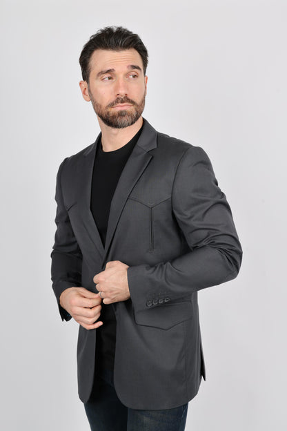 Platini Men’s Western Style Sport Coat with Elbow Patches – Charcoal Black