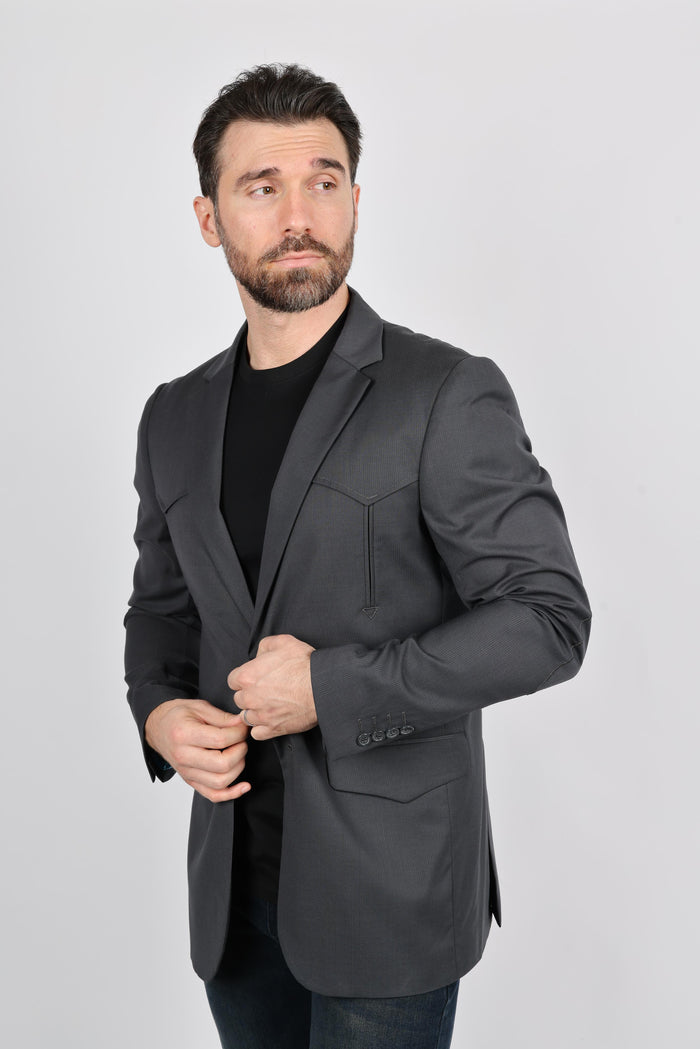 Platini Men’s Western Style Sport Coat with Elbow Patches – Charcoal Black