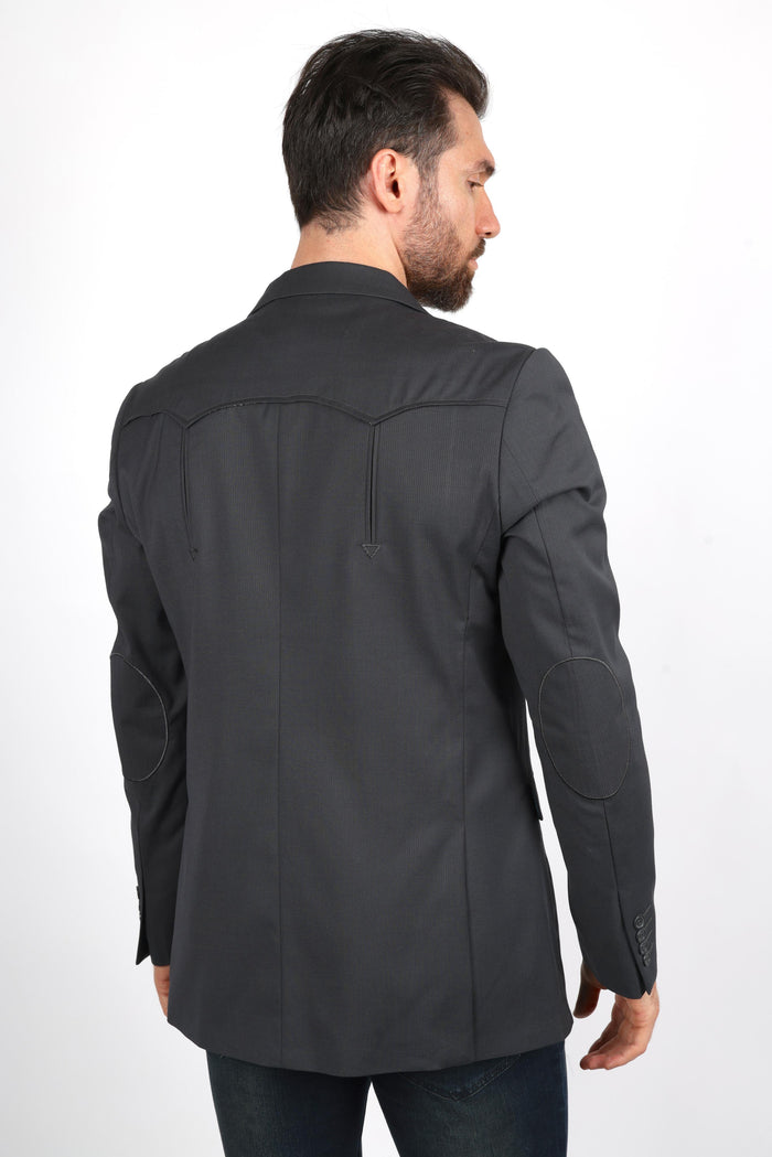 Platini Men’s Western Style Sport Coat with Elbow Patches – Charcoal Black
