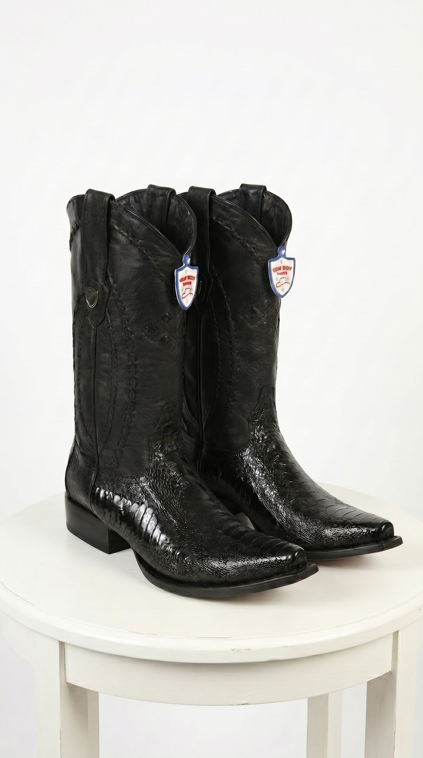 Men’s Black Ostrich Leg Cowboy Boots with Snip Toe, Western Dress Boots