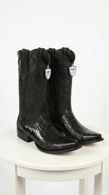 Men’s Black Ostrich Leg Cowboy Boots with Snip Toe, Western Dress Boots