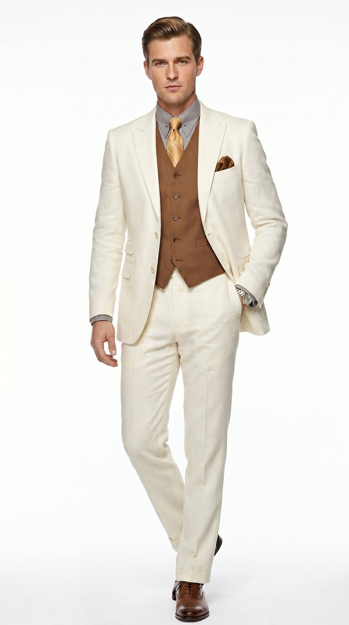 Men’s Ivory Great Gatsby Inspired Suit with Jacket, Vest and Pants, Vintage Formal Wedding Suit