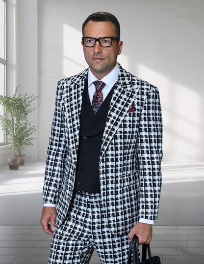 Statement Men’s 3-Piece 100% Wool Fashion Suit – Unique Checker Pattern