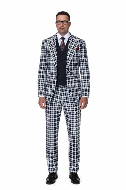 Statement Men’s 3-Piece 100% Wool Fashion Suit – Unique Checker Pattern