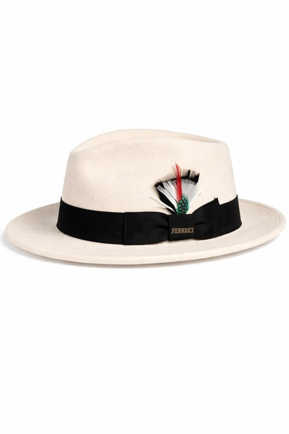 Gangster 100% Australian Wool Crushable Mens Fedora Hat - Removable Feather Gangster White/Black Mens Fedora Hat