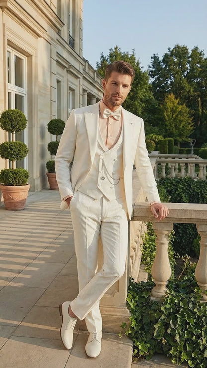 Vinci Men’s Ivory Three Piece Suit – Ivory 3PC Formal Wedding Suit for Groom, Prom and Black Tie Events