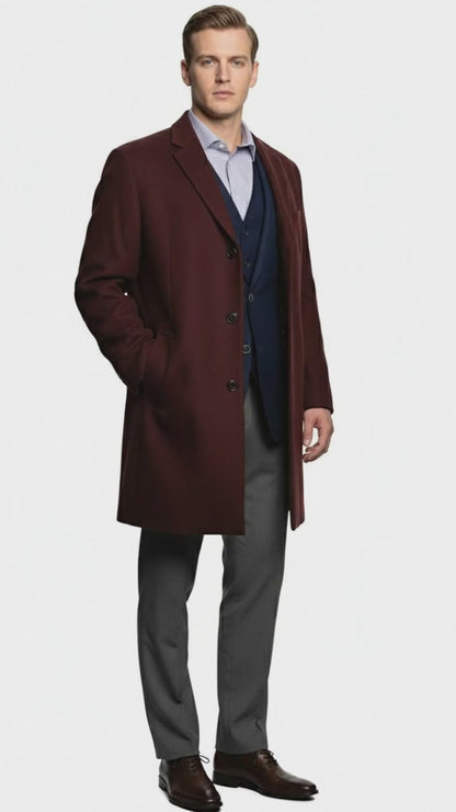 Men’s Burgundy Wool and Cashmere Car Coat – Classic Winter Topcoat for Business and Formal Wear