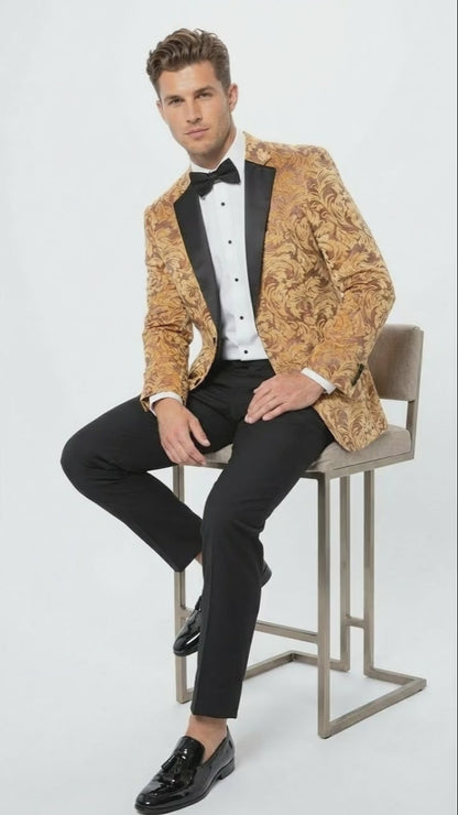 Men’s Yellow Gold Baroque Pattern Tuxedo Blazer Suit – Party and Wedding Jacket Prom Paisley Black Pants