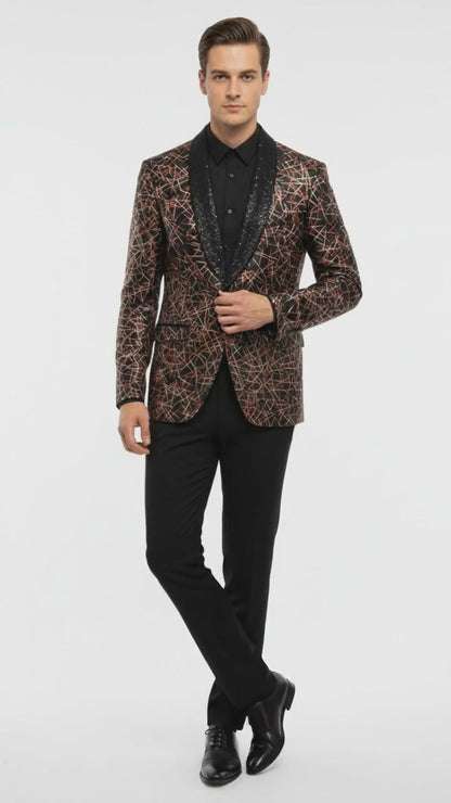 Men’s Black Shiny Designer Blazer with Red and Gold Pattern – Luxury Party & Wedding Jacket