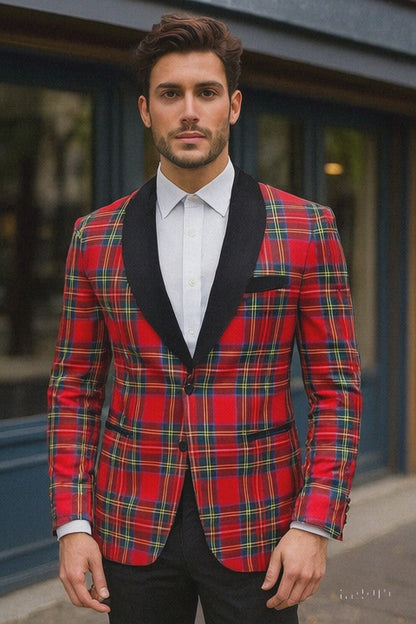 Mens Tartan Plaid Christmas Holiday Blazer in Red
