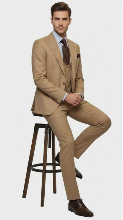 Men's Tan Three-Piece Suit with Vest – Classic Tailored Fit  in camel khaki Bronze color By Rossiman