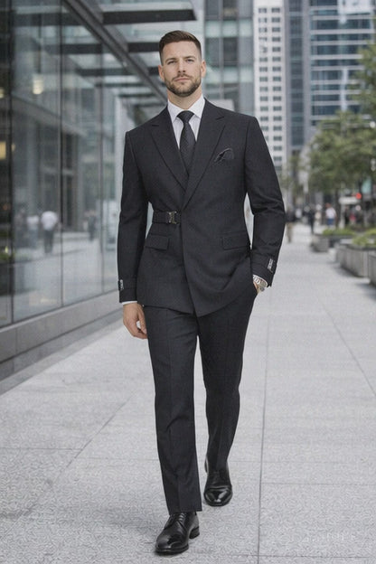 Men’s Black Double Breasted Wool Suit with Metal Buckle Closure