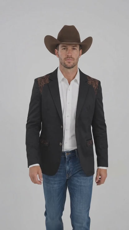 Men’s Black & Brown Western Blazer – Cowboy Sport Coat with Brown Embroidered Shoulder & Back Design