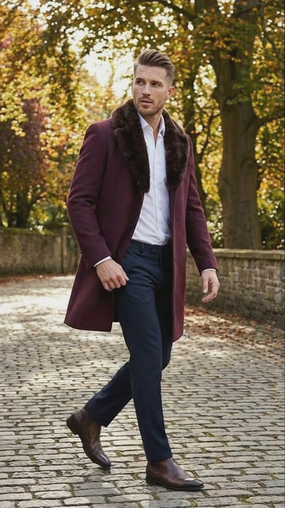 Men’s Burgundy Three Quarter Coat with Faux Fur Collar Overcoat – Luxury Winter Outerwear Three Quarter Carcoat Topcoat